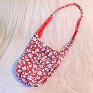 red with white flowers floral long tote bag EUC